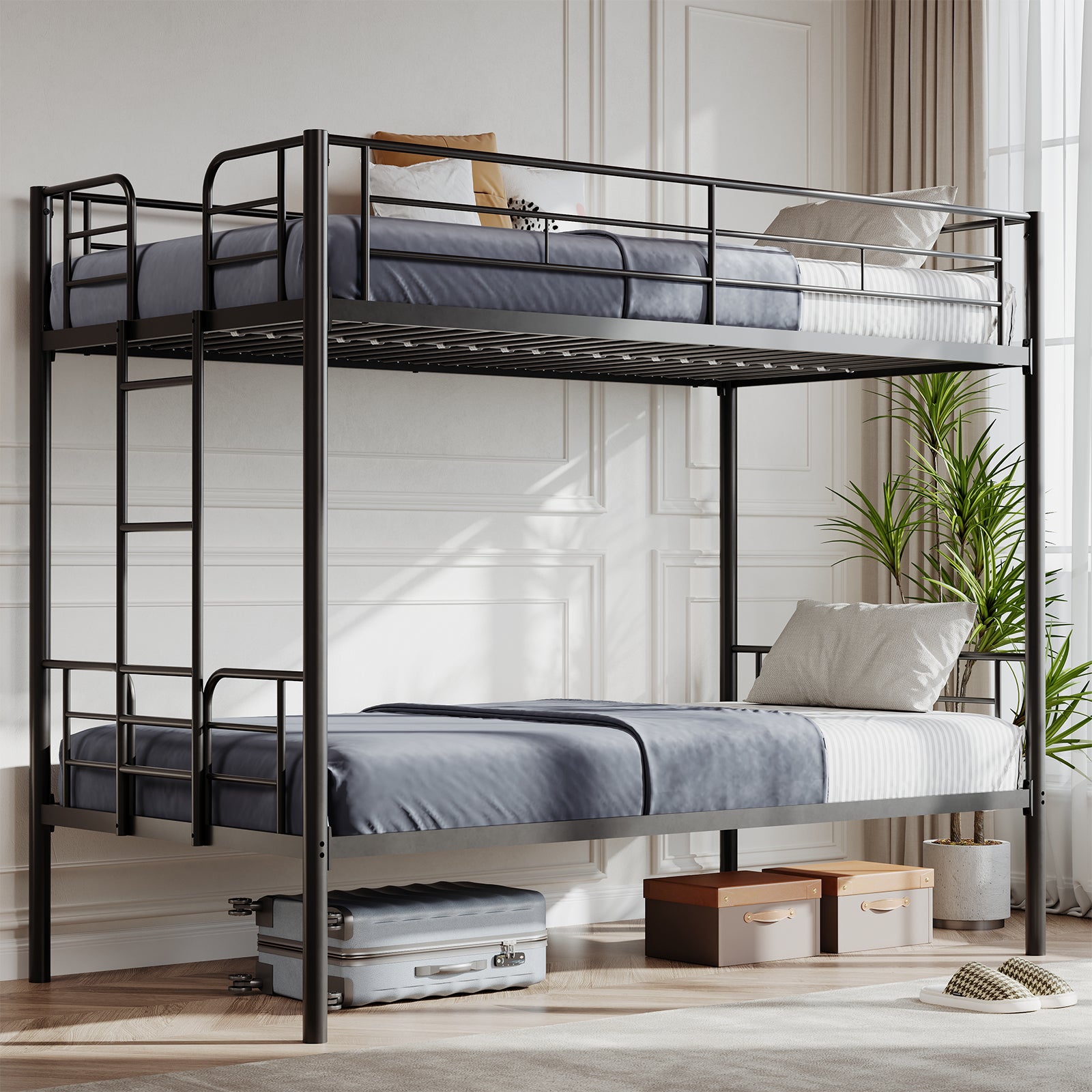 Metal Double - layer Bed With Stairs And Safety Railings, Sturdy Steel Frame, No Need For A Mattress, Double - layer Bed That Saves Space - Noventis Home