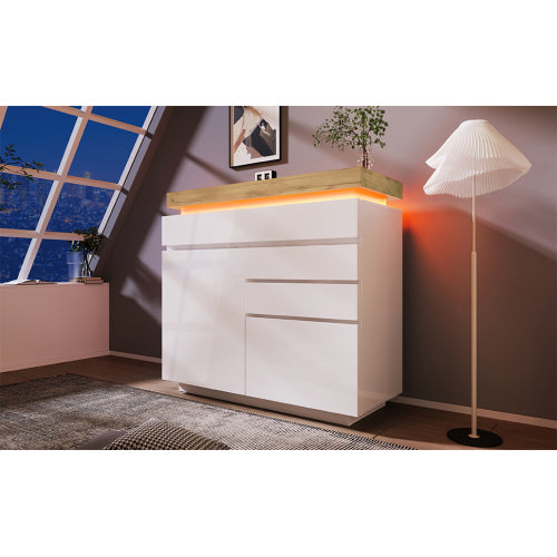 Ladekast, Hoogglans Dressoir met 2 Deuren en 3 Lades, RGB LED App-gestuurd, Multifunctioneel voor Woonkamer en Slaapkamer, 115x110x39 cm, Wit