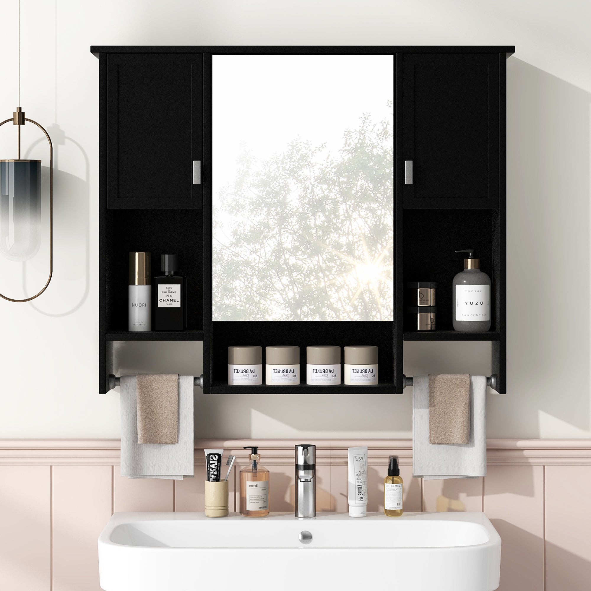 35'' X 28'' Modern Wall Mounted Bathroom Storage Cabinet, Bathroom Wall Cabinet With Mirror, Medicine Cabinet With Towels Bar - Noventis Home