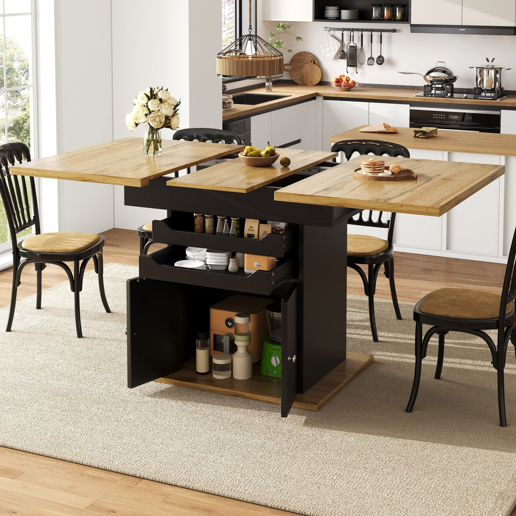 Uitschuifbare Eettafel 110 - 140x80cm, Inklapbare Keukentafel voor 4 - 6 Personen, met 2 Lades en Opbergkast, Zwart - Noventis Home