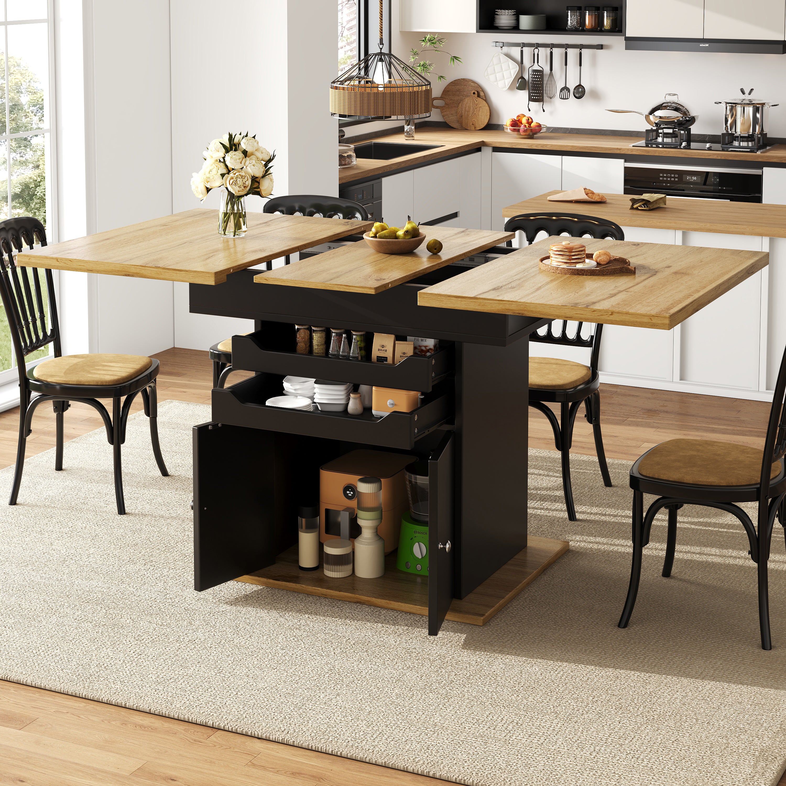 Uitschuifbare Eettafel 110-140x80cm, Inklapbare Keukentafel voor 4-6 Personen, met 2 Lades en Opbergkast, Zwart