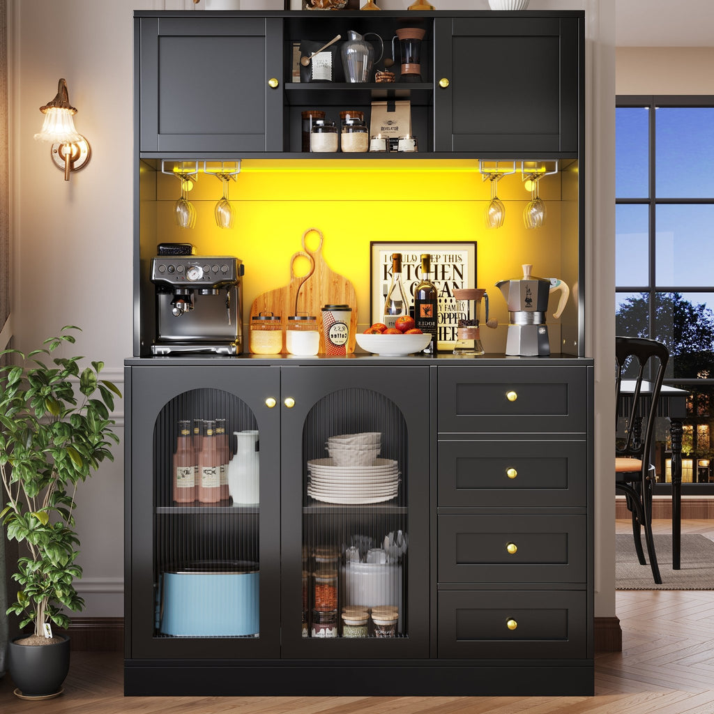 Sideboard Storage Cabinet Kitchen Cabinet Buffet Cabinet, 120x40x188cm, Farmhouse Style, 4 Doors, With LED Light Strip & Drink Holders, Black White Fluted Glass Doors - Noventis Home