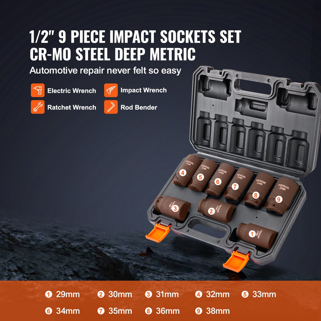9 - delige Diepe Dopsleutelset 1/2", Metrisch 29 - 38mm, 6 - kant Cr - Mo Staal, voor Autoreparatie, met Opbergkoffer - Noventis Home