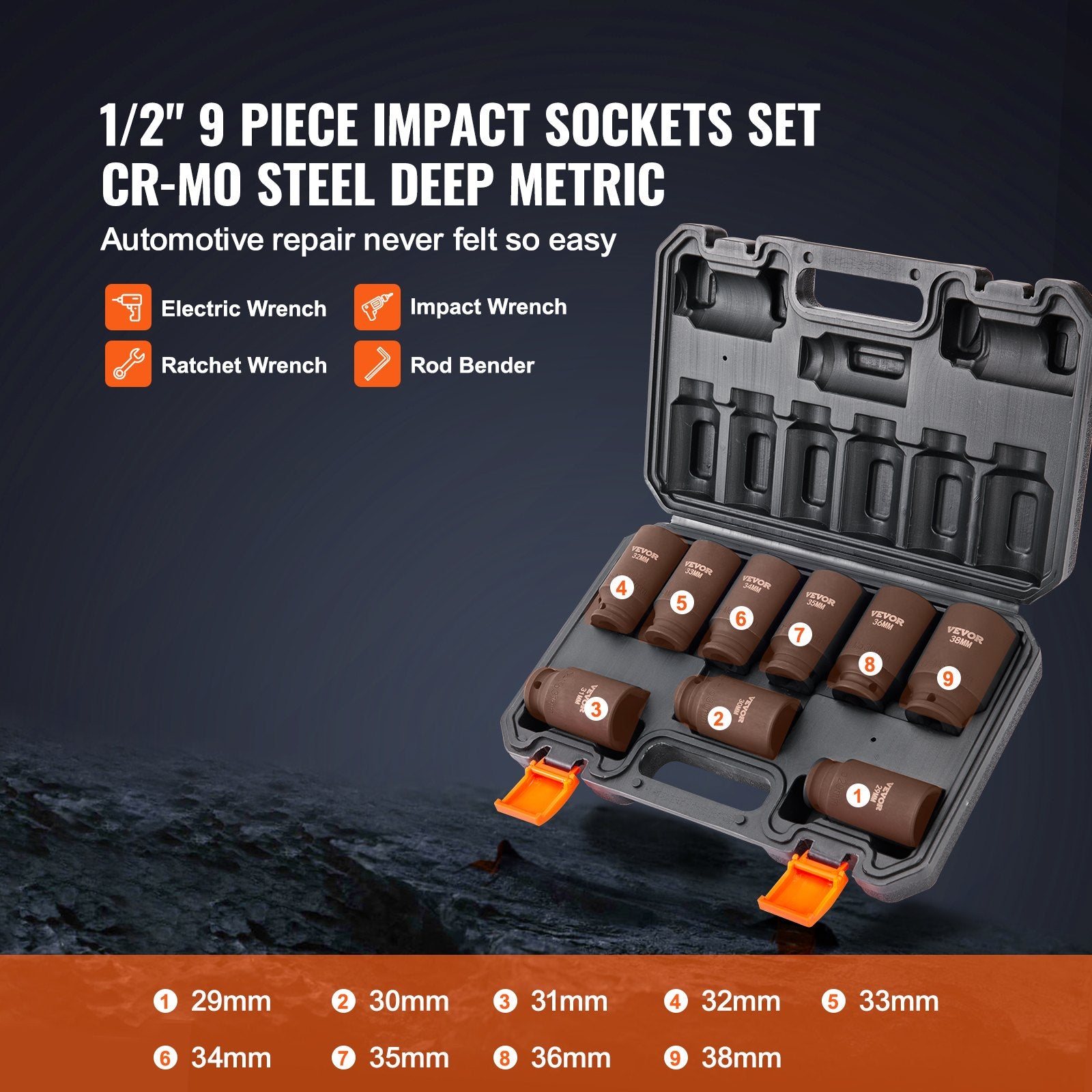 9-delige Diepe Dopsleutelset 1/2", Metrisch 29-38mm, 6-kant Cr-Mo Staal, voor Autoreparatie, met Opbergkoffer