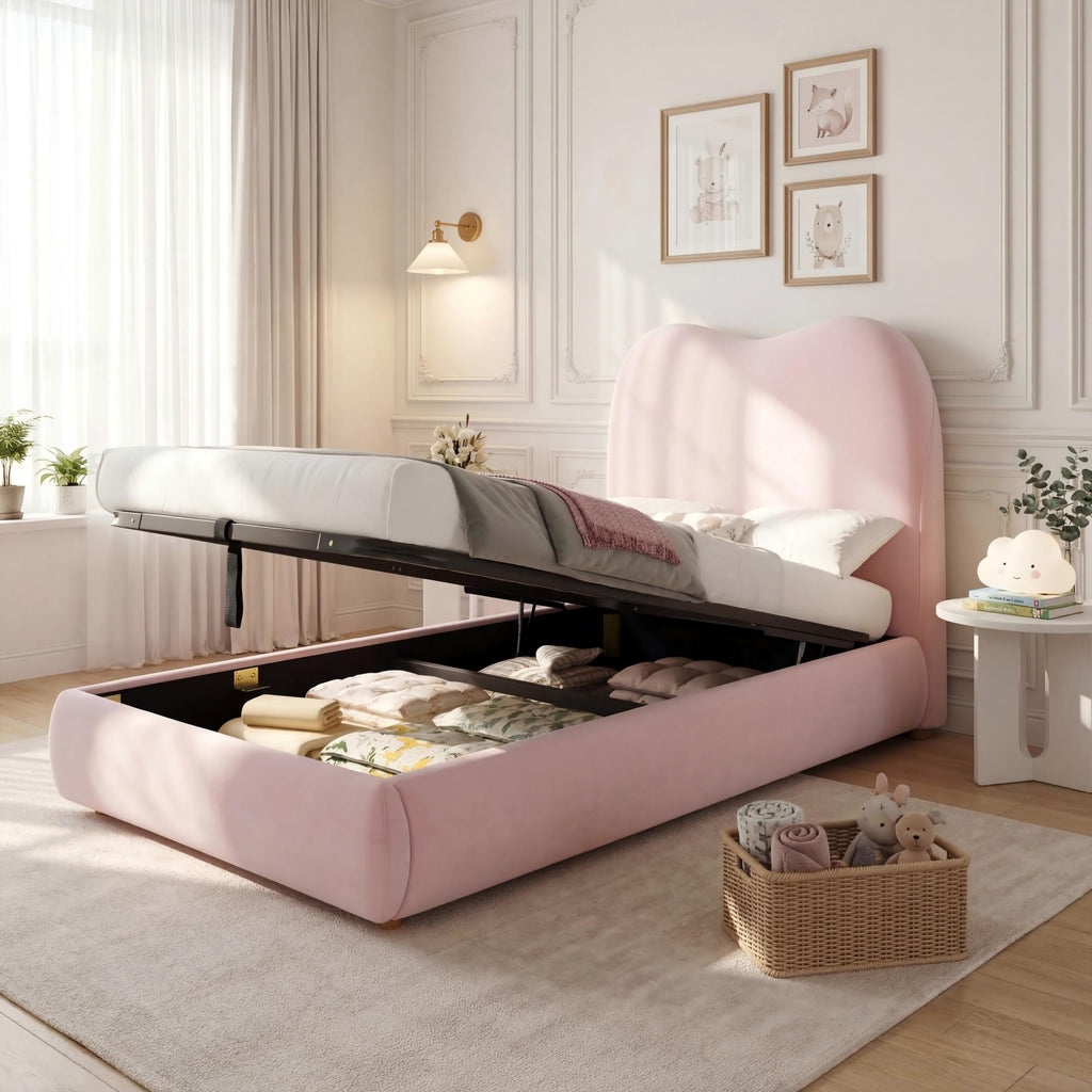 Upholstered Bed, Single Bed, Children's Bed, 3ft - 90 X 190cm, Hydraulic Bed, Bed With Headboard And Large Storage Space, Upholstered Headboard, Velvet, Pink - Noventis Home