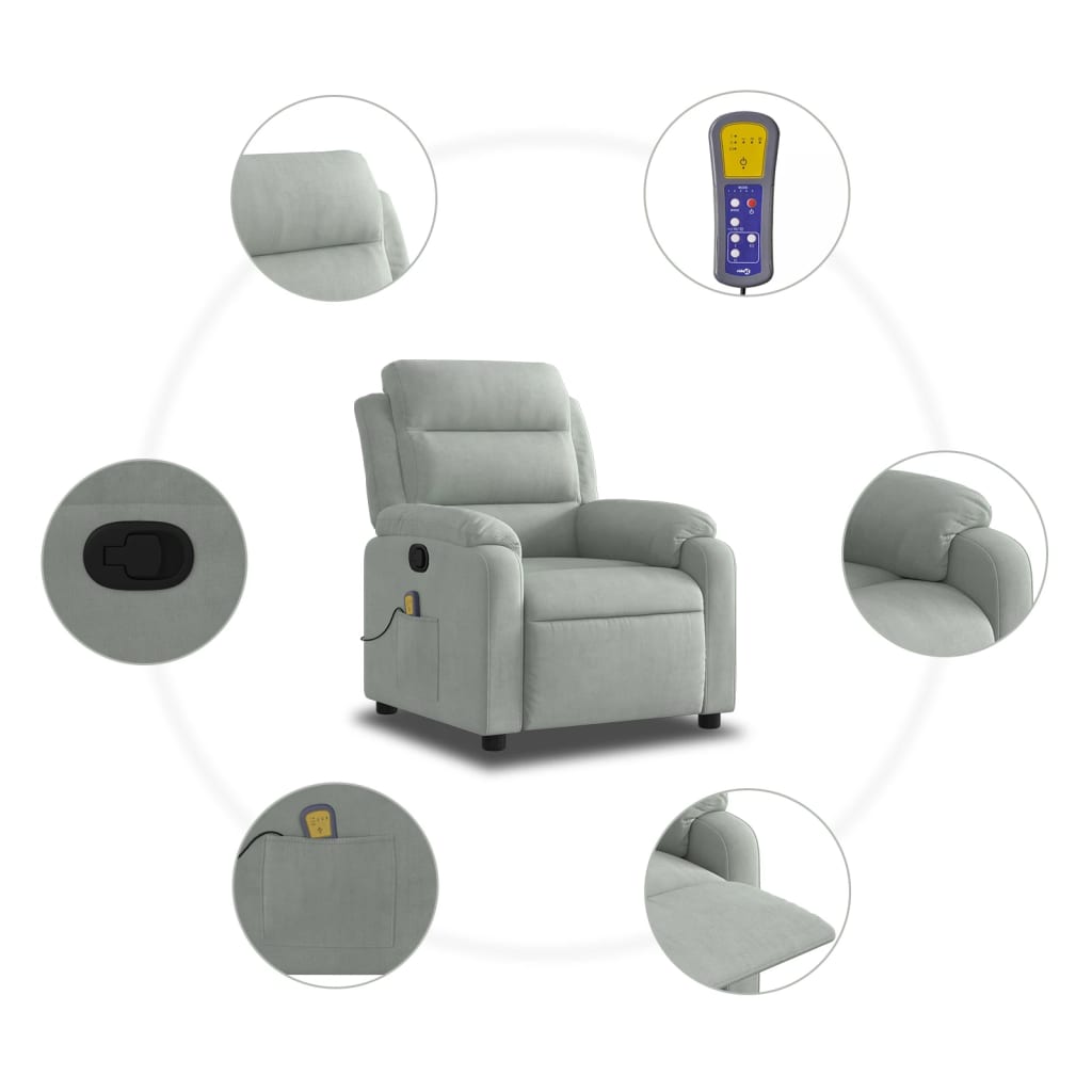 Massagestoel met Ligfunctie, Lichtgrijs Fluweel, 6 - punts Vibromassage, Max. 135° Kanteling - Noventis Home