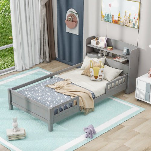 Wood Twin Size Platform Bed With Built - in LED Light, Storage Headboard And Guardrail, Antique Grey - Noventis Home