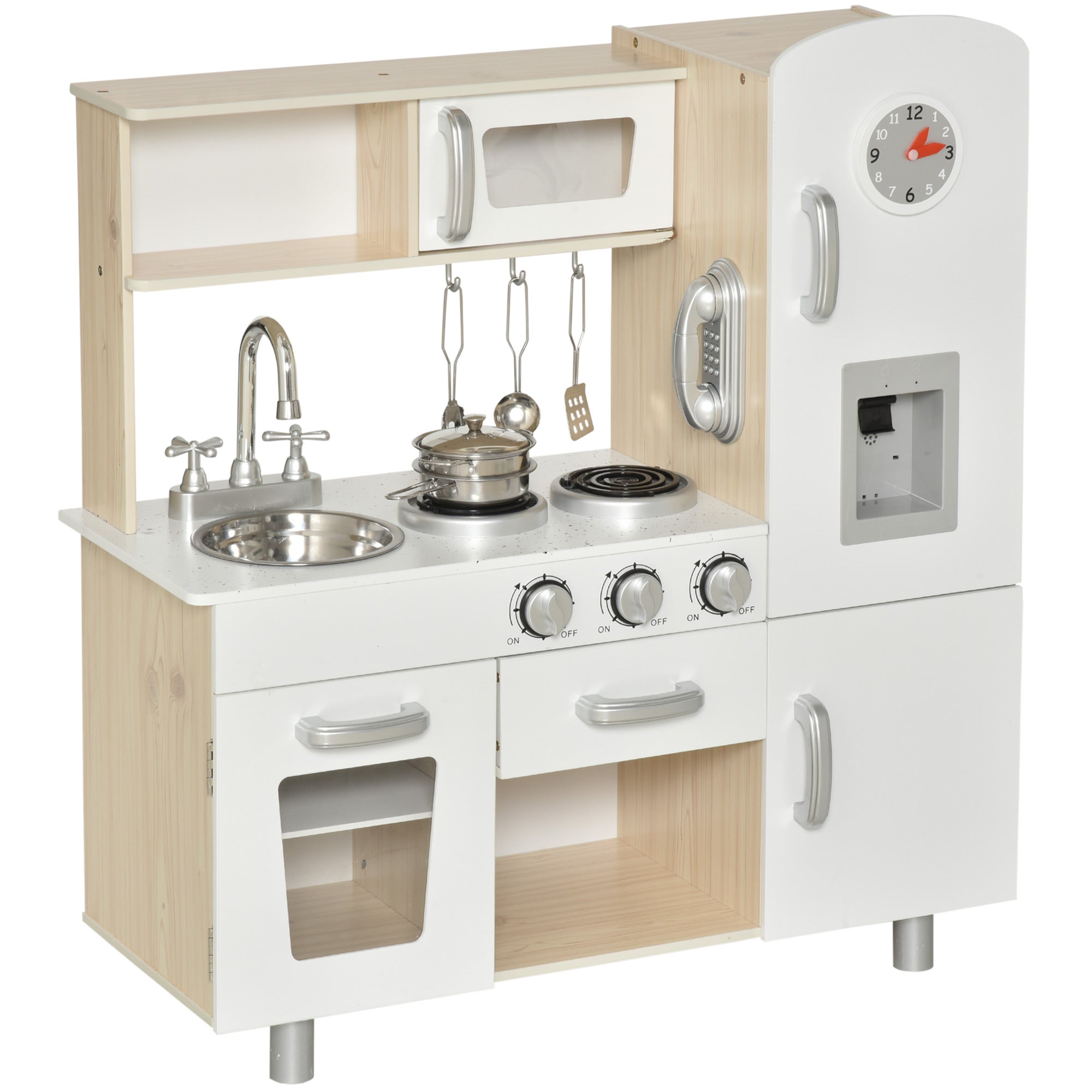 Kids Wooden Pretend Play Toy Kitchen Cooking Set Role Play Phone For Boys Girls White - Noventis Home