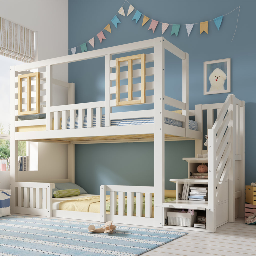 Stapelbed voor Kinderen, Houten Huisbed met Trapkast, Multifunctioneel Boomhutbed, Kinderhuisbed, Tweeling Slaapplaats 90+90 x 190 cm, Massief Hout, Wit - Noventis Home