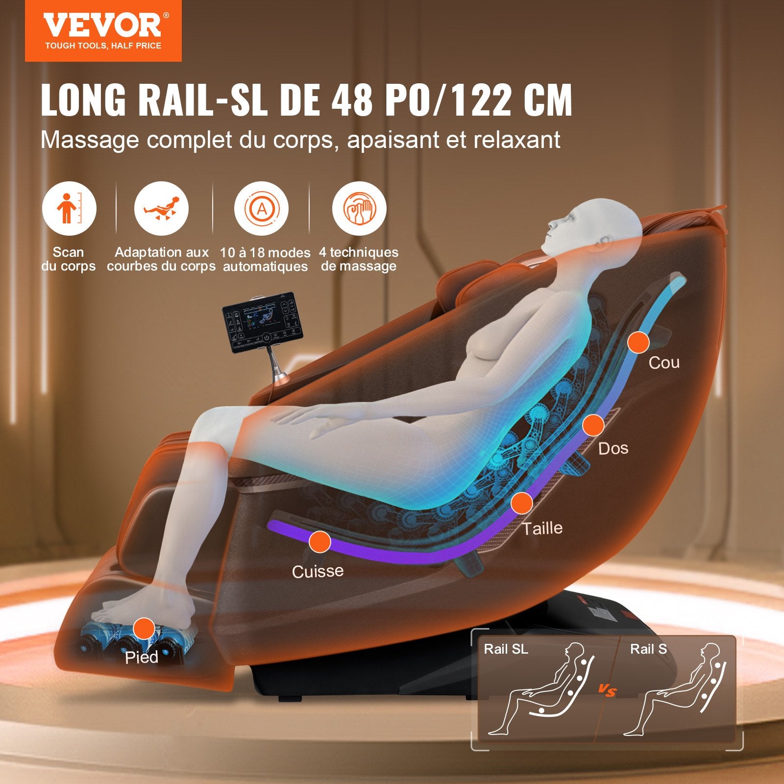 Massagestoel met Flexibele SL - Rail, 3D Shiatsu Ganglicchaamsmassage, Zwaartekrachtloosheid, 10 - 18 Automodi, Verwarming, Bluetooth, Luchtkussens en Touchscreen, 150kg - Noventis Home
