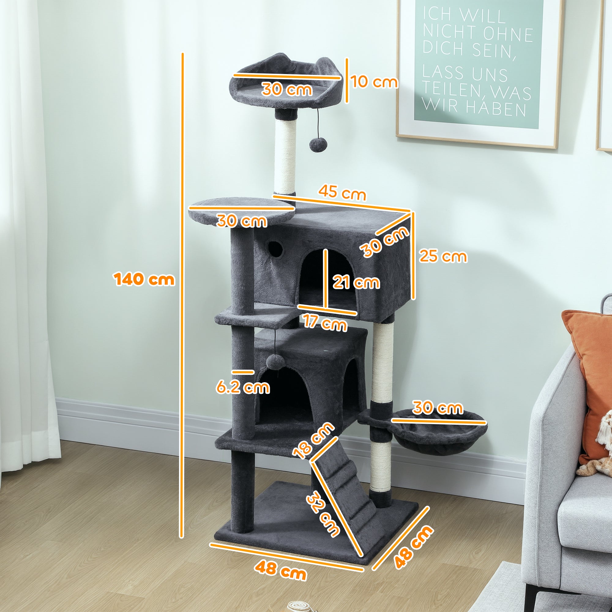 PawHut 140cm Large Cat Tree Tower With Sisal Scratching Posts, Cat Houses, Plush Perches, Hammock, Ladder, Dark Grey - Noventis Home