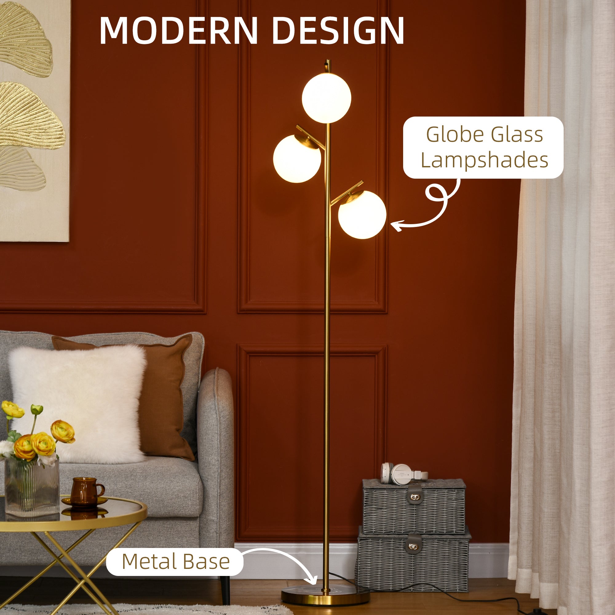 Modern 3 - Light Floor Lamp For Living Room, Tree Standing Lamp With Globe Lampshades, 10.75"x10.75"x66.5", Gold - Noventis Home