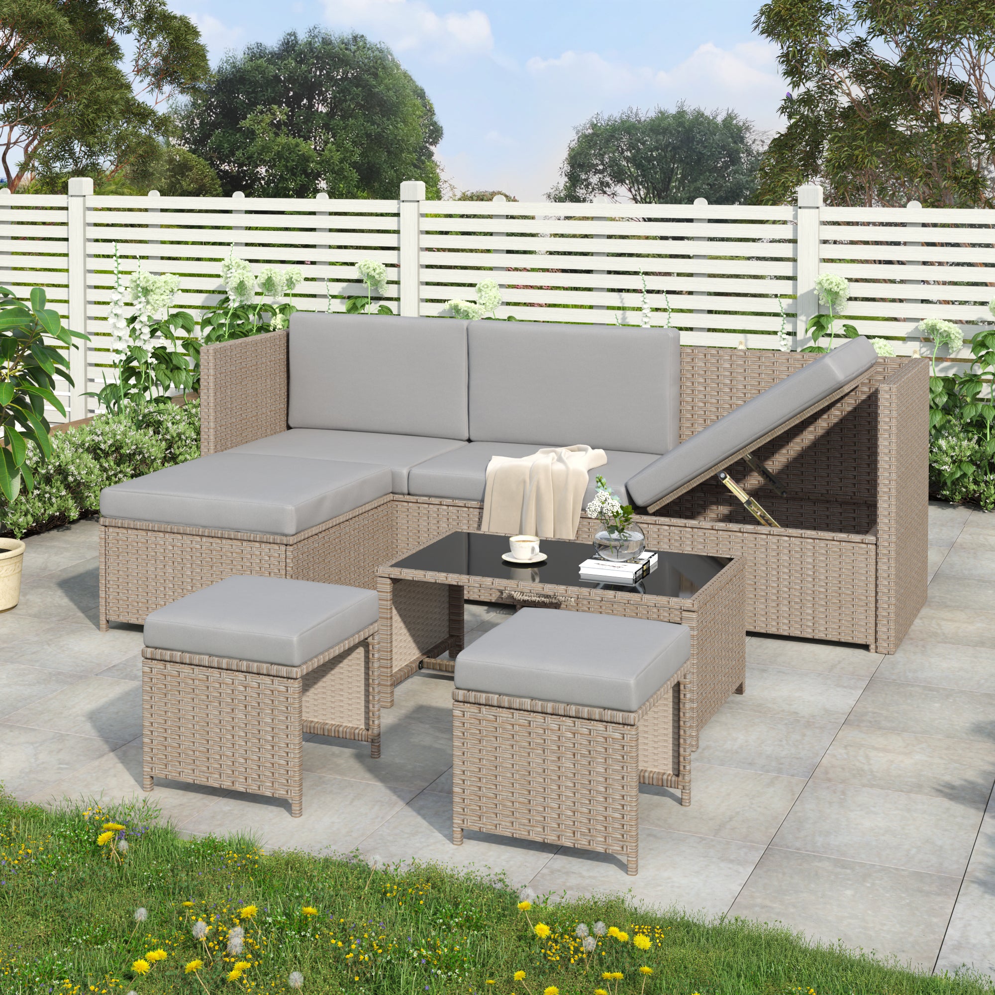 4 - 6 Seater Garden Lounge Set, Garden Furniture Set, Ratten Sofa, Seating Group, Patio Furniture,Khaki - Noventis Home