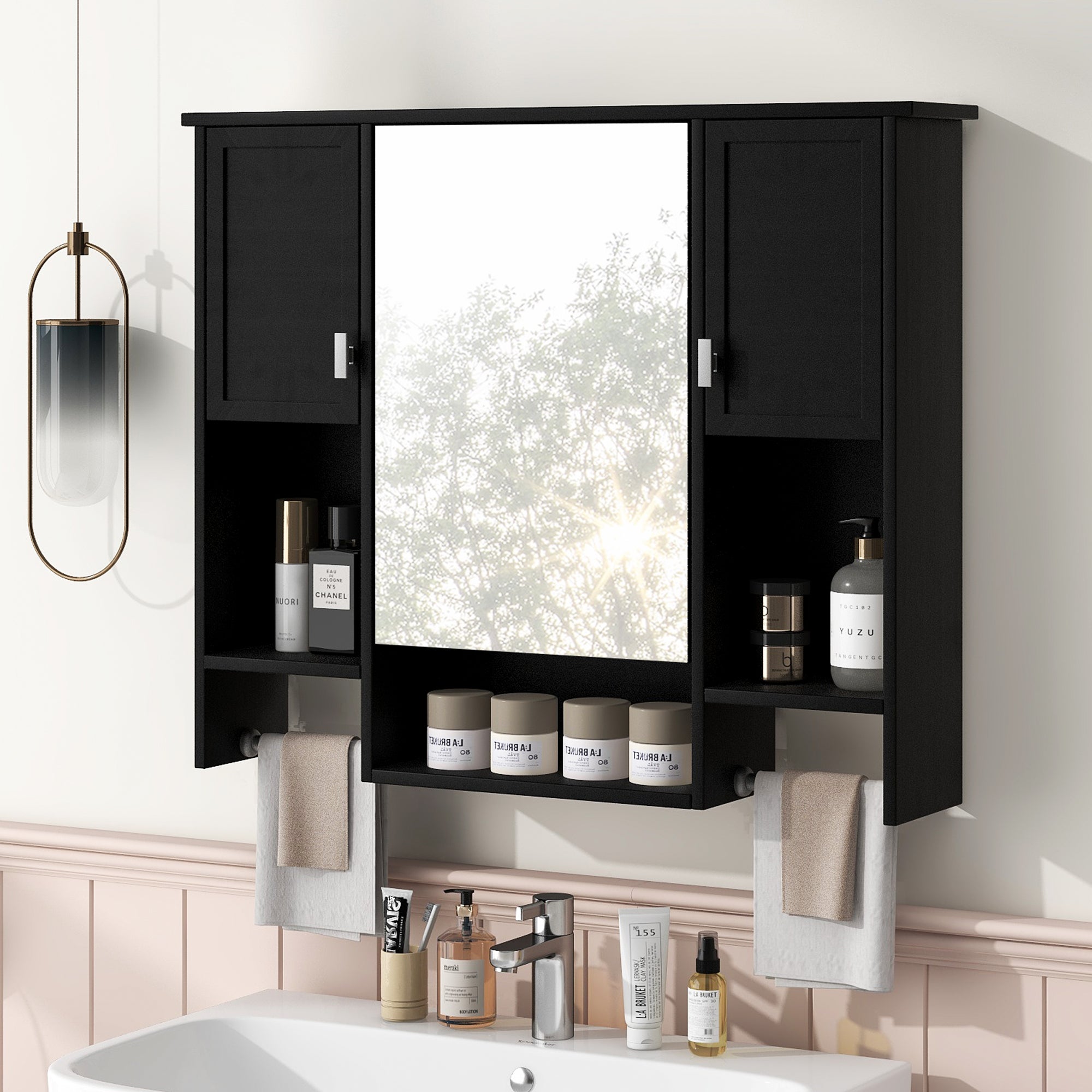 35'' X 28'' Modern Wall Mounted Bathroom Storage Cabinet, Bathroom Wall Cabinet With Mirror, Medicine Cabinet With Towels Bar - Noventis Home