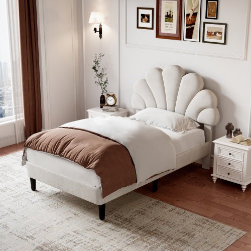 3ft Single Upholstered Velvet Bed Frame, With Adjustable Chic Petal Headboard, Velvet Platform Bed Frame With Solid Wood Slat, No Box Spring Needed, Easy Assembly, Beige - Noventis Home