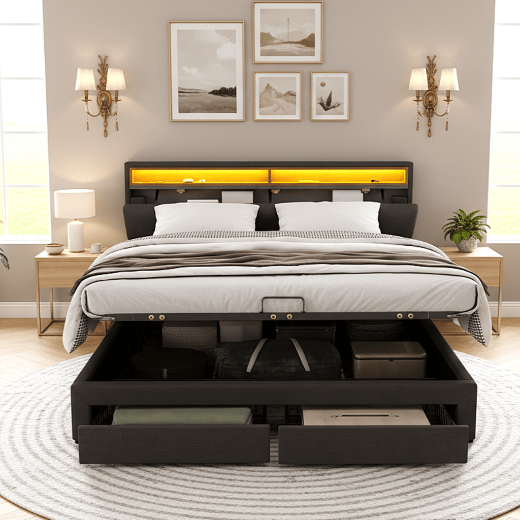 Gestoffeerd Bed met LED - verlichting, 135x190cm, Hydraulische Opbergruimte, Opvouwbaar Schuim Hoofdeinde, Stalen Frame, Linnen, Grijs - Noventis Home