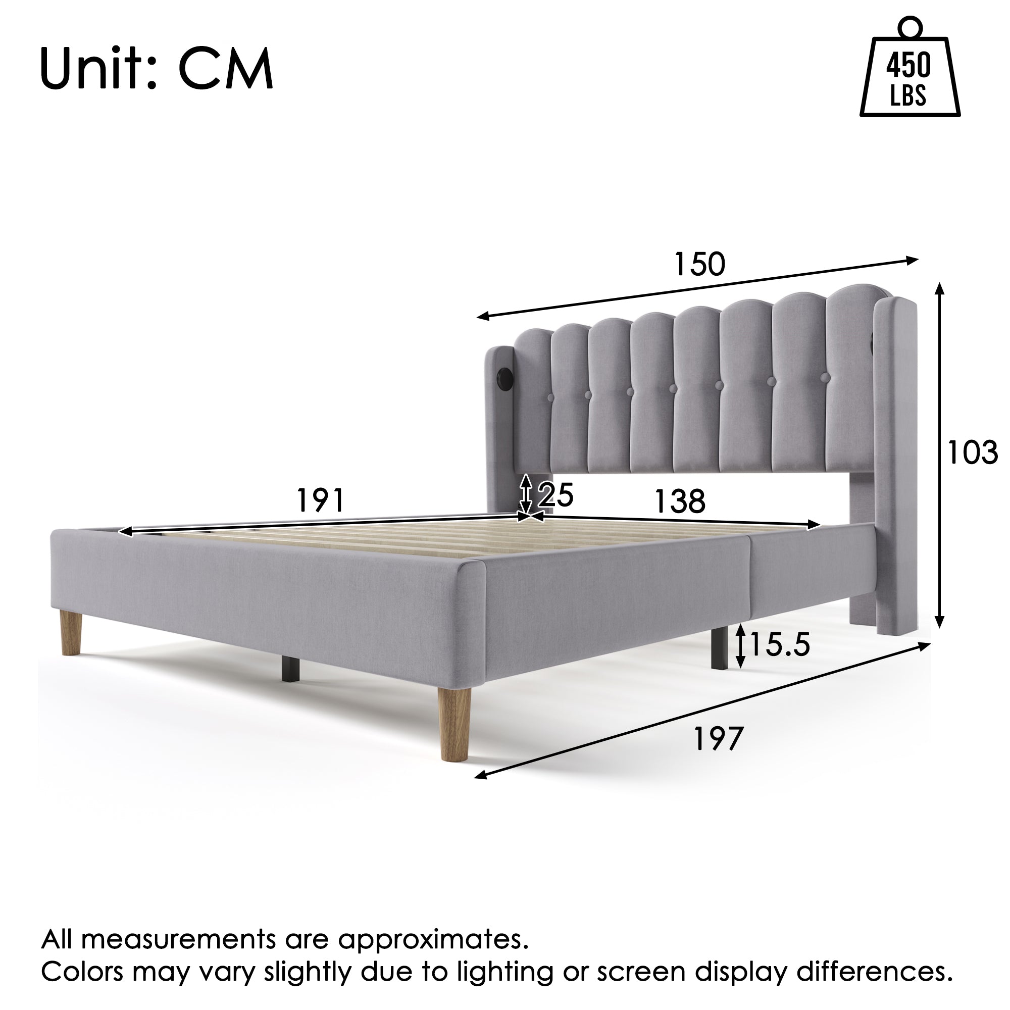 Upholstered Double Bed With USB And Type - C Charging, Bed Frame With Wooden Slatted Frame, Teenager Bed For Bedroom & Guest Room,4ft6 135 X 190 Cm Bed Frame, Grey, Linen Material - Noventis Home