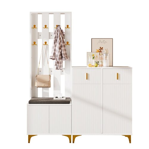 Wardrobe Set With Shoe Bench And Cushion, Wardrobe Front With Hooks, Shoe Cabinet With Drawers And Doors - Noventis Home