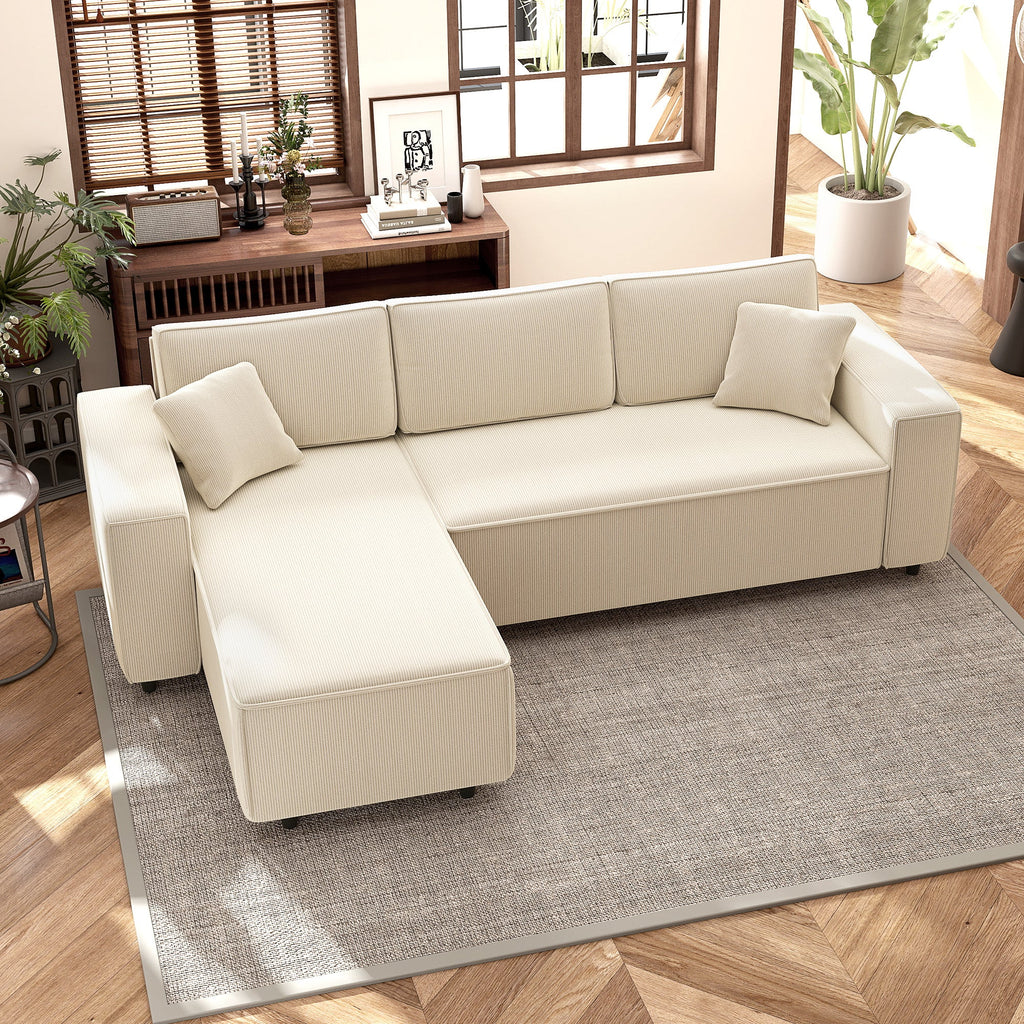 Hoekbank met Omkeerbare Chaise Longue, Corduroy L - vormige Slaapbank met Pocketvering, Crèmewit - Noventis Home