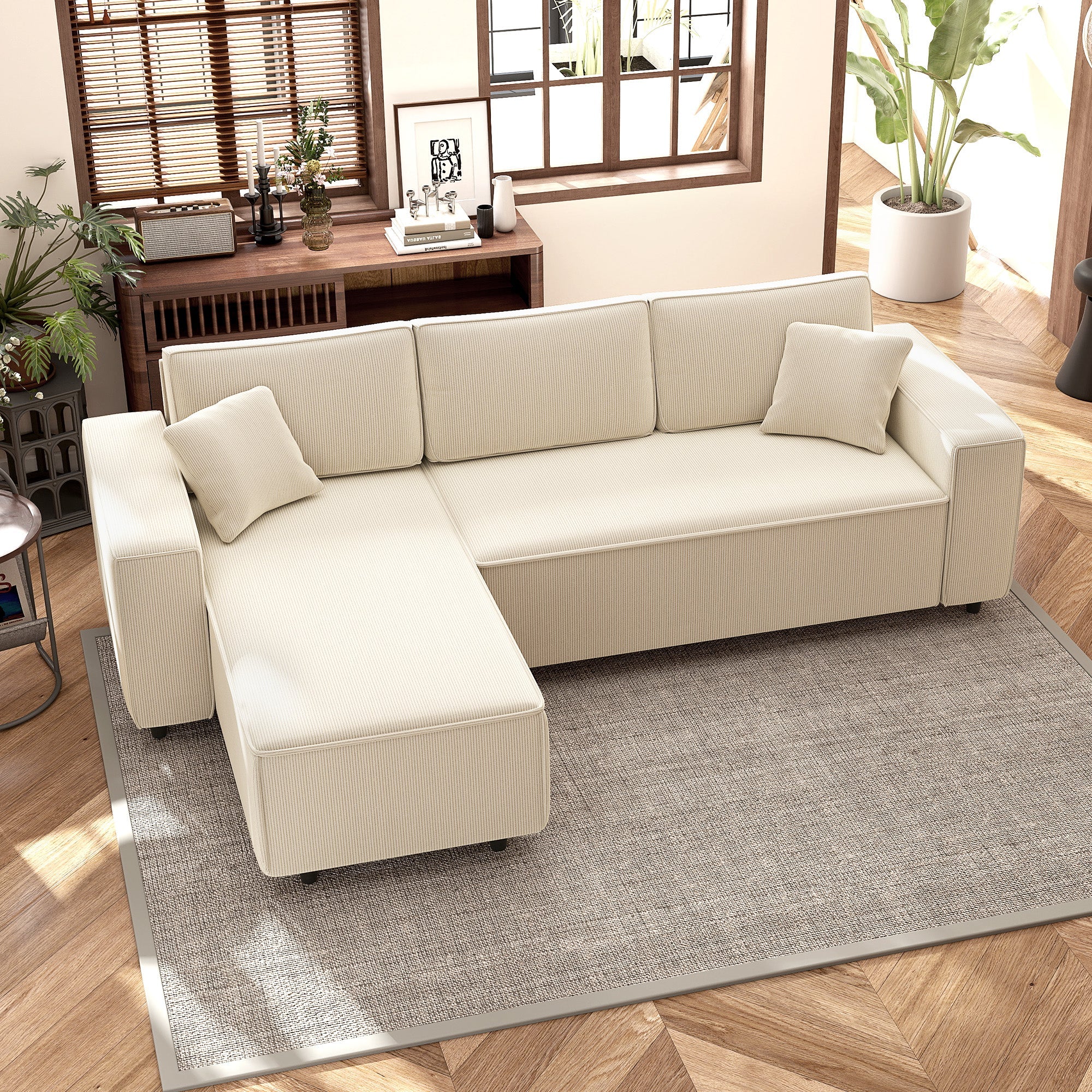 Hoekbank met Omkeerbare Chaise Longue, Corduroy L - vormige Slaapbank met Pocketvering, Crèmewit - Noventis Home