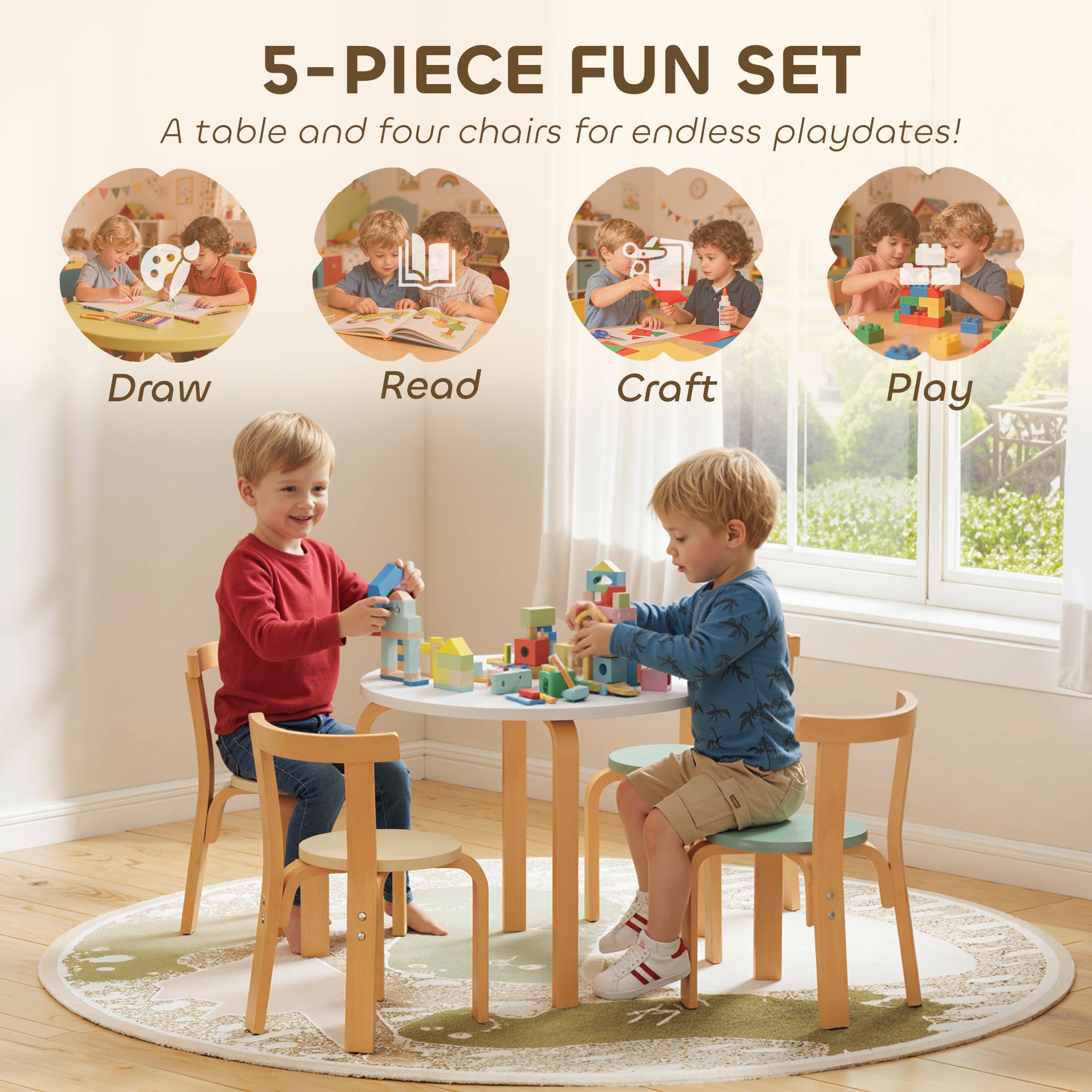 Wooden Kids Table and Chairs Set, 5 Piece Wooden Toddler Table and Chairs Set for Ages 3 - 8 Years, Green - Noventis Home