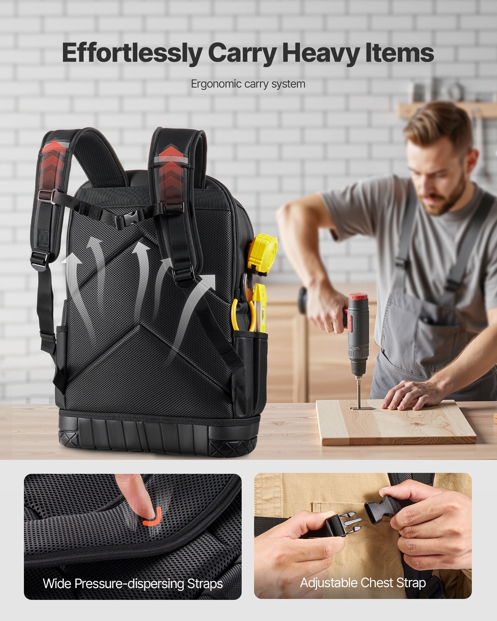 Tool Backpack With Tools, 65 Pockets, Heavy - duty Tools Storage Organizer Bags With Laptop Compartment & Molded Base, Electrician Jobsite Backpack For Electrician, Repairman, And HVAC Techs - Noventis Home