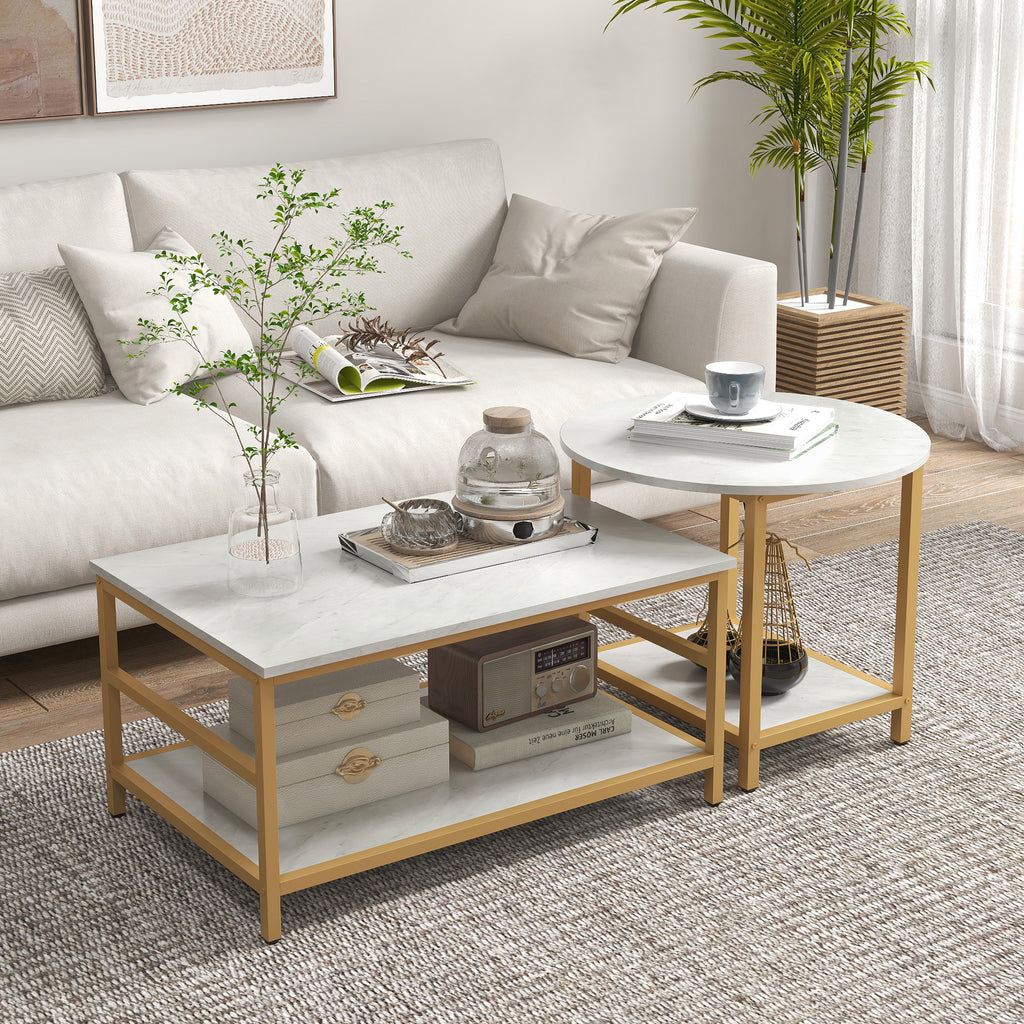 Salontafelset van 2, Marmerlook Tafelblad met Gouden Stalen Frame, Rechthoekig en Rond