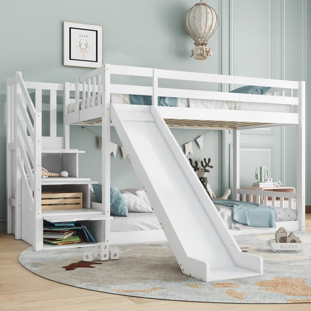 Bunk Bed With Stairs And Slide, Solid Pine Wood Frame, Children Bed, Storage Stairs, 90x190cm, White - Noventis Home