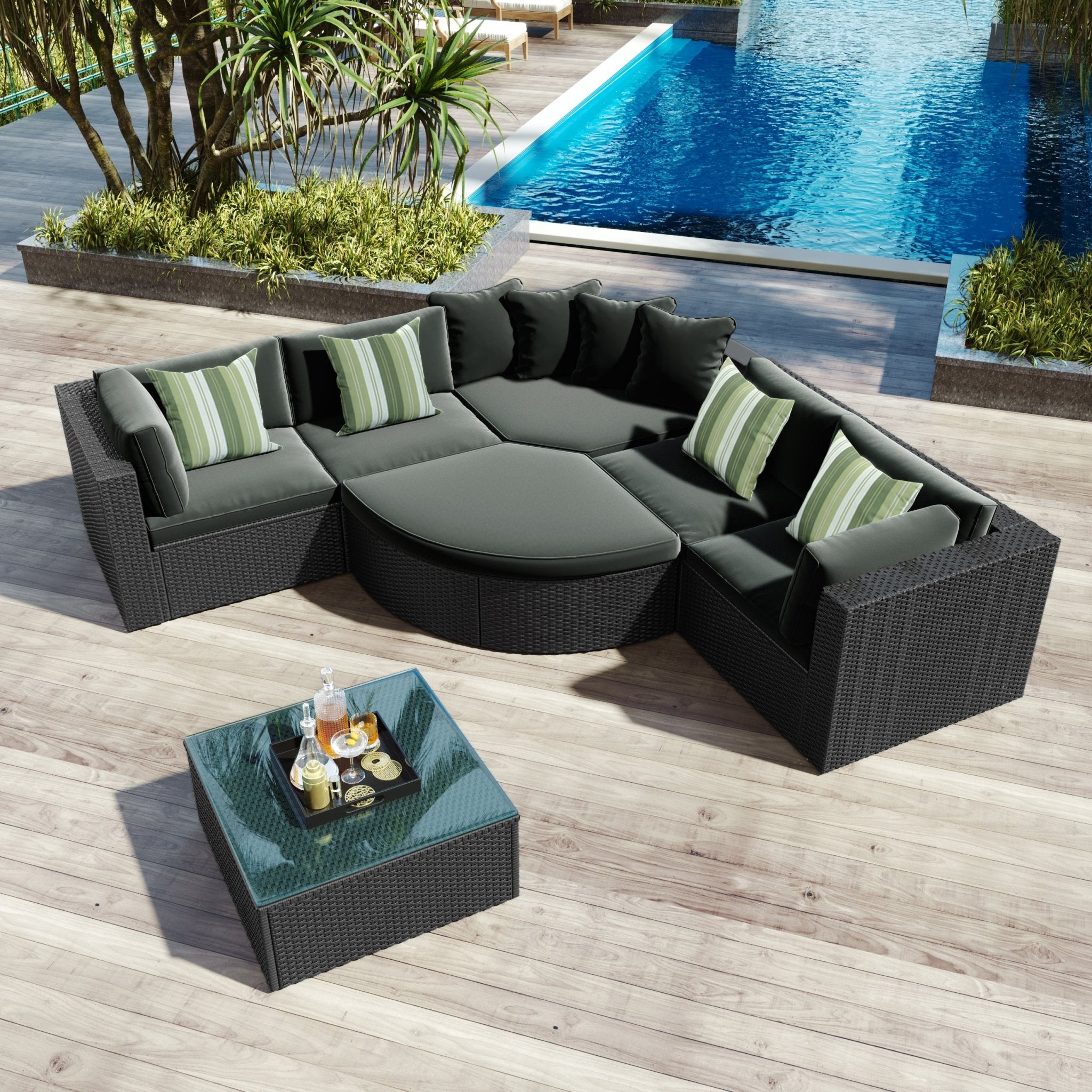7 - delige Buiten Rattan Loungeset, Rotan Loungebank met Gestreepte Groene Kussens, Gesprekssbank voor Terras, Tuin en Dek, Zwart Vlechtwerk, Grijs Kussen - Noventis Home