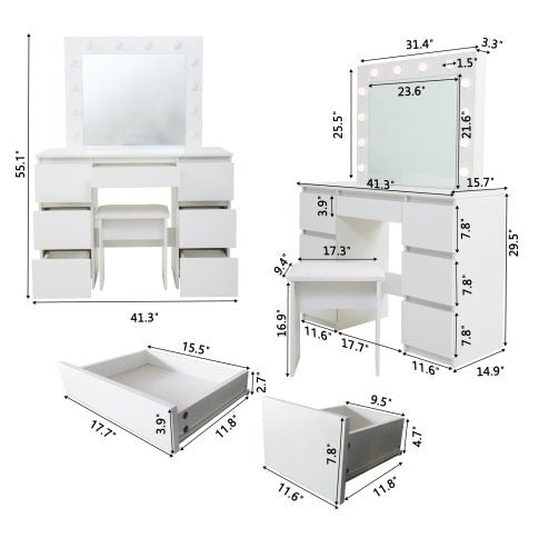 Large White Vanity Tables With Mirror And Light - Noventis Home