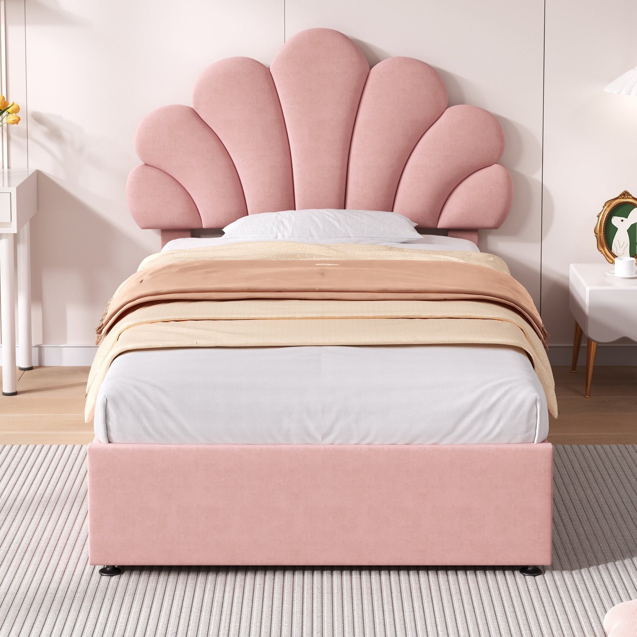 Eenpersoons Gestoffeerd Hydraulisch Bed met Verstelbaar Bloemblaadjes Hoofdeinde, Fluweel, 90x190cm, Zonder Matras - Noventis Home