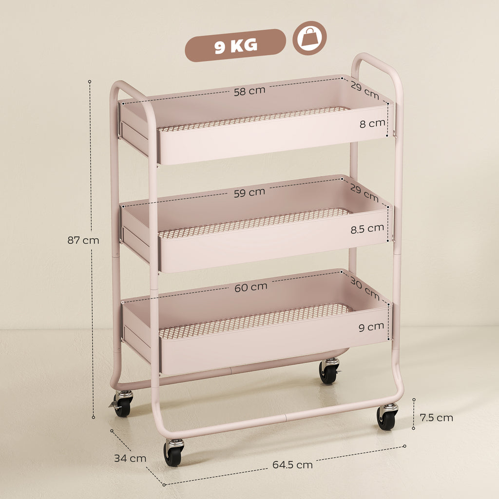 3 - Tier Storage Trolley On Wheels, Rolling Utility Cart With Mesh Backets For Kitchen, Bathroom, Bedroom, Light Pink - Noventis Home