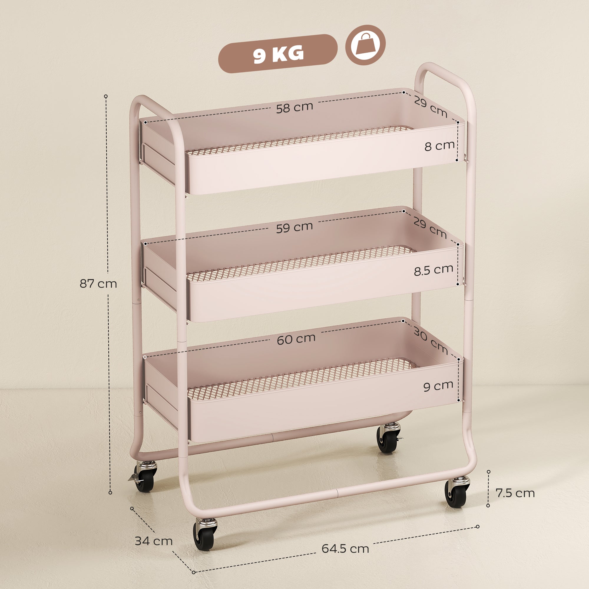 3 - Tier Storage Trolley On Wheels, Rolling Utility Cart With Mesh Backets For Kitchen, Bathroom, Bedroom, Light Pink - Noventis Home