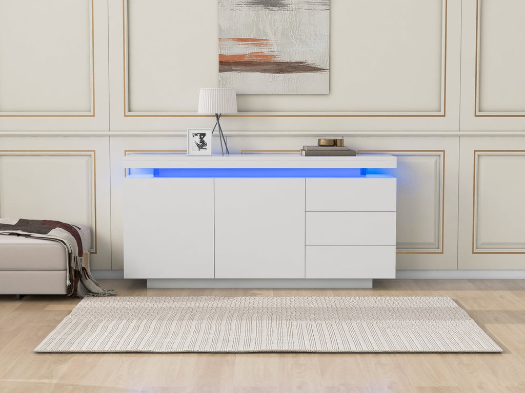 Sideboard With LED Lights, Side Cabinet Standing Cabinet Chest Of Drawers Highboard Sideboard With 2 Doors & 3 Drawers, High Gloss Sideboard For Living Room Dining Room, White - Noventis Home