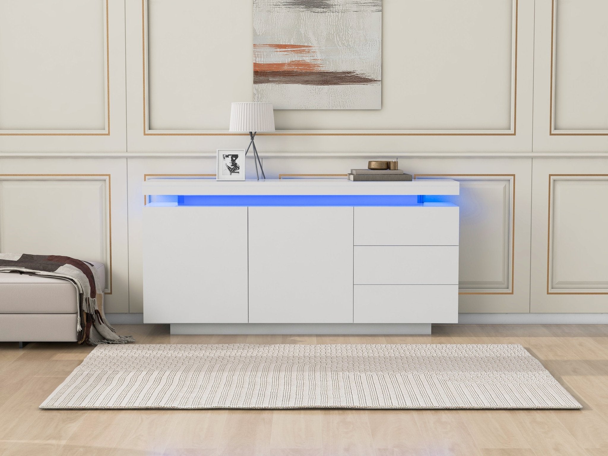 Sideboard With LED Lights, Side Cabinet Standing Cabinet Chest Of Drawers Highboard Sideboard With 2 Doors & 3 Drawers, High Gloss Sideboard For Living Room Dining Room, White - Noventis Home
