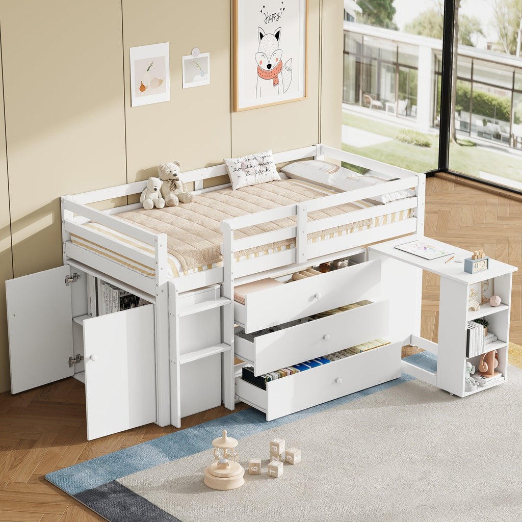Eenpersoons Kinderbed met Uitschuifbaar Bureau, 3 Lades, Opbergkast en Planken, Flexibele Installatie, Ruimtebesparend Halfhoogslaper, 90x190cm, Wit, Zonder Matras - Noventis Home