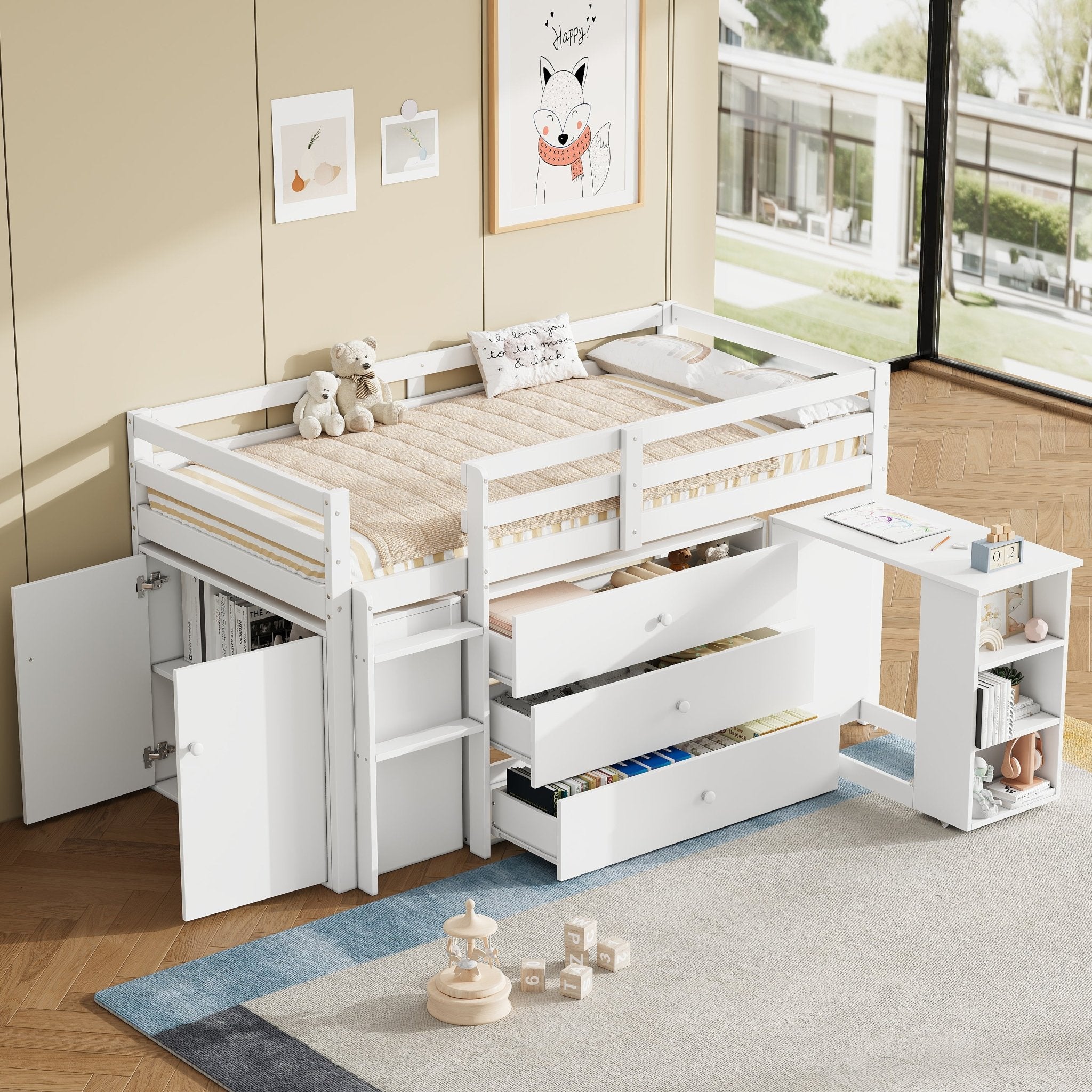 Eenpersoons Kinderbed met Uitschuifbaar Bureau, 3 Lades, Opbergkast en Planken, Flexibele Installatie, Ruimtebesparend Halfhoogslaper, 90x190cm, Wit, Zonder Matras - Noventis Home