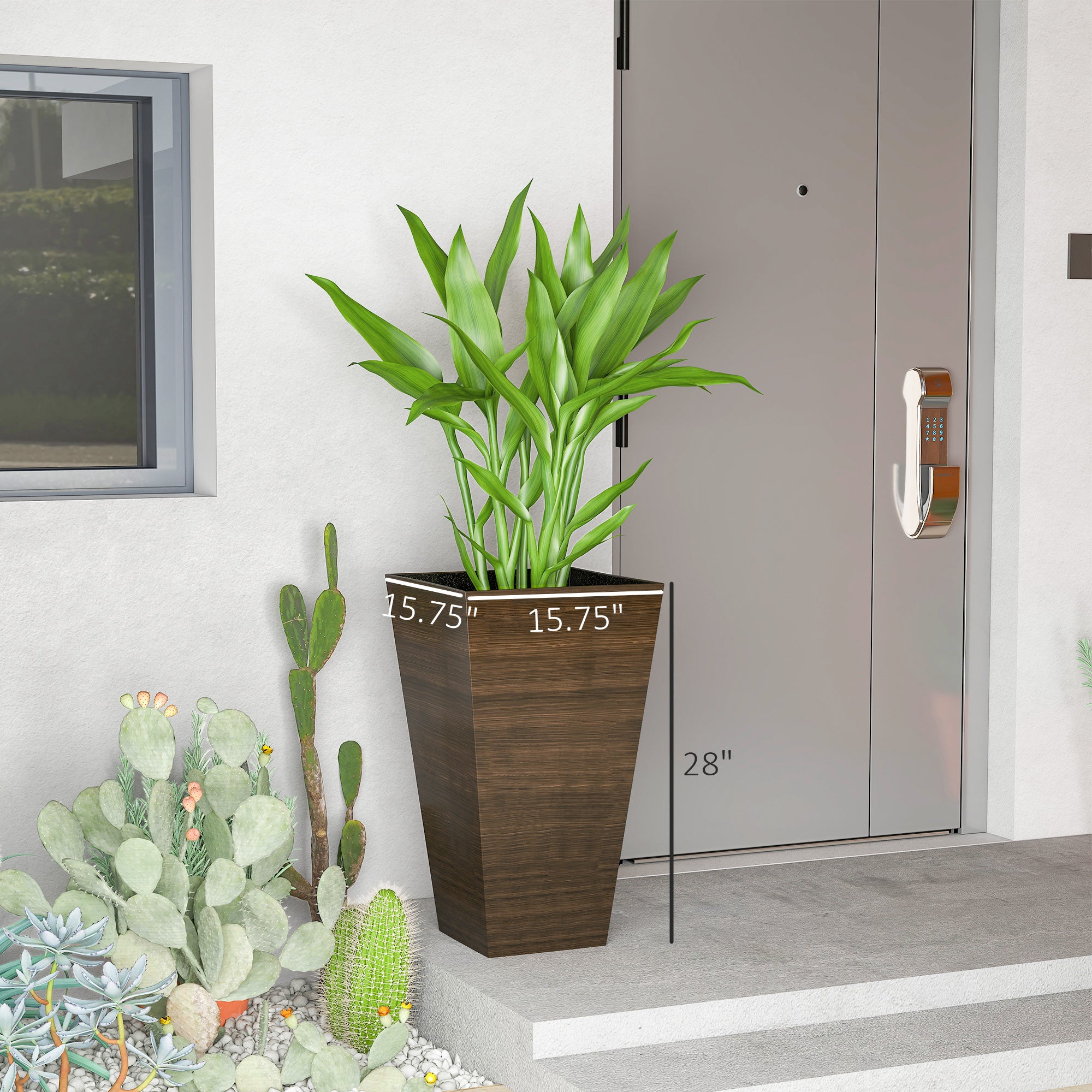Set Of 3 Tall Planters, 28" Outdoor Planter W/ Drainage Holes, Faux Wood Plastic Flower Pots, Brown - Noventis Home