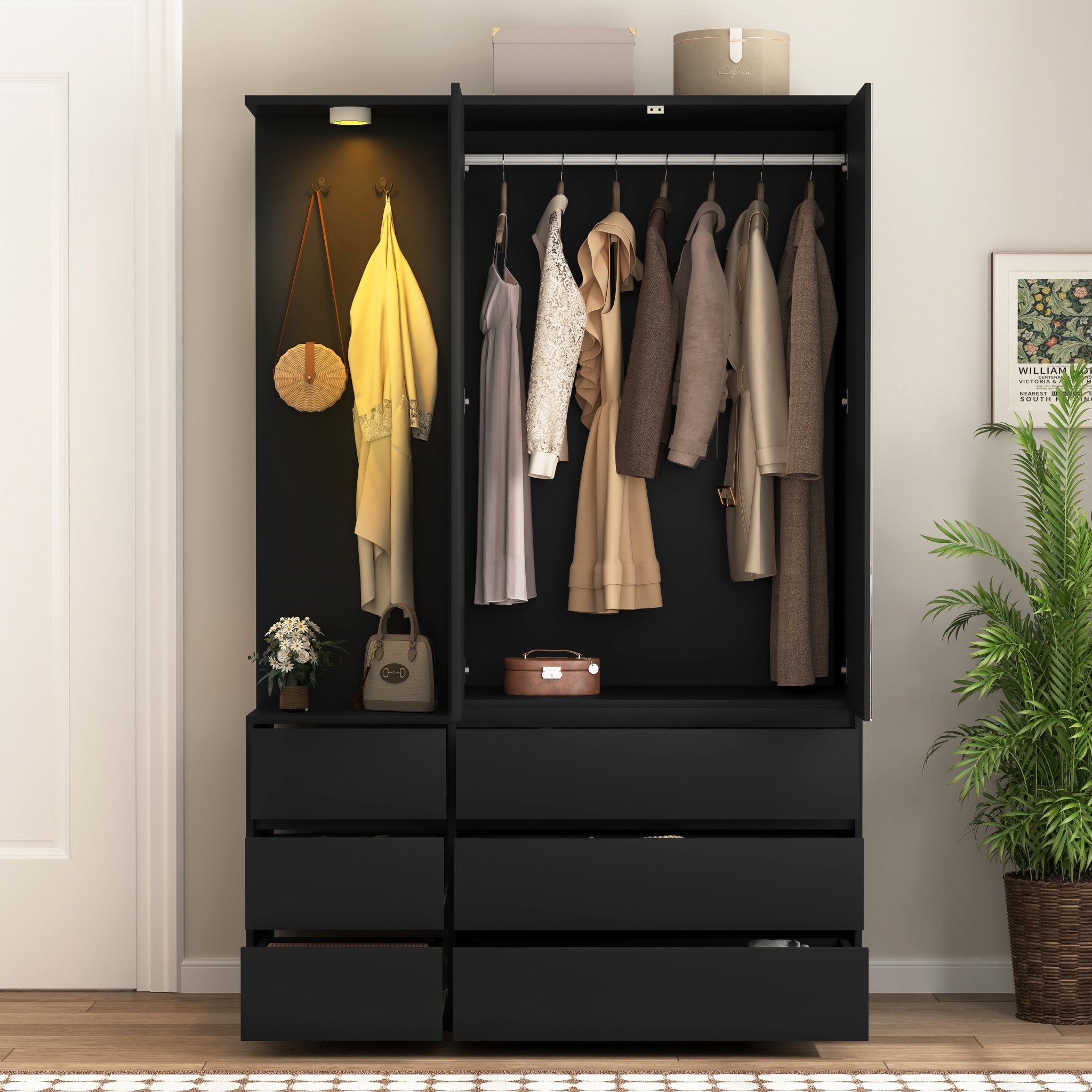 Kledingkast 182cm Hoog, 2 Deuren, 6 Lades, Opbergplanken en Kledingstang, Zwart - Noventis Home