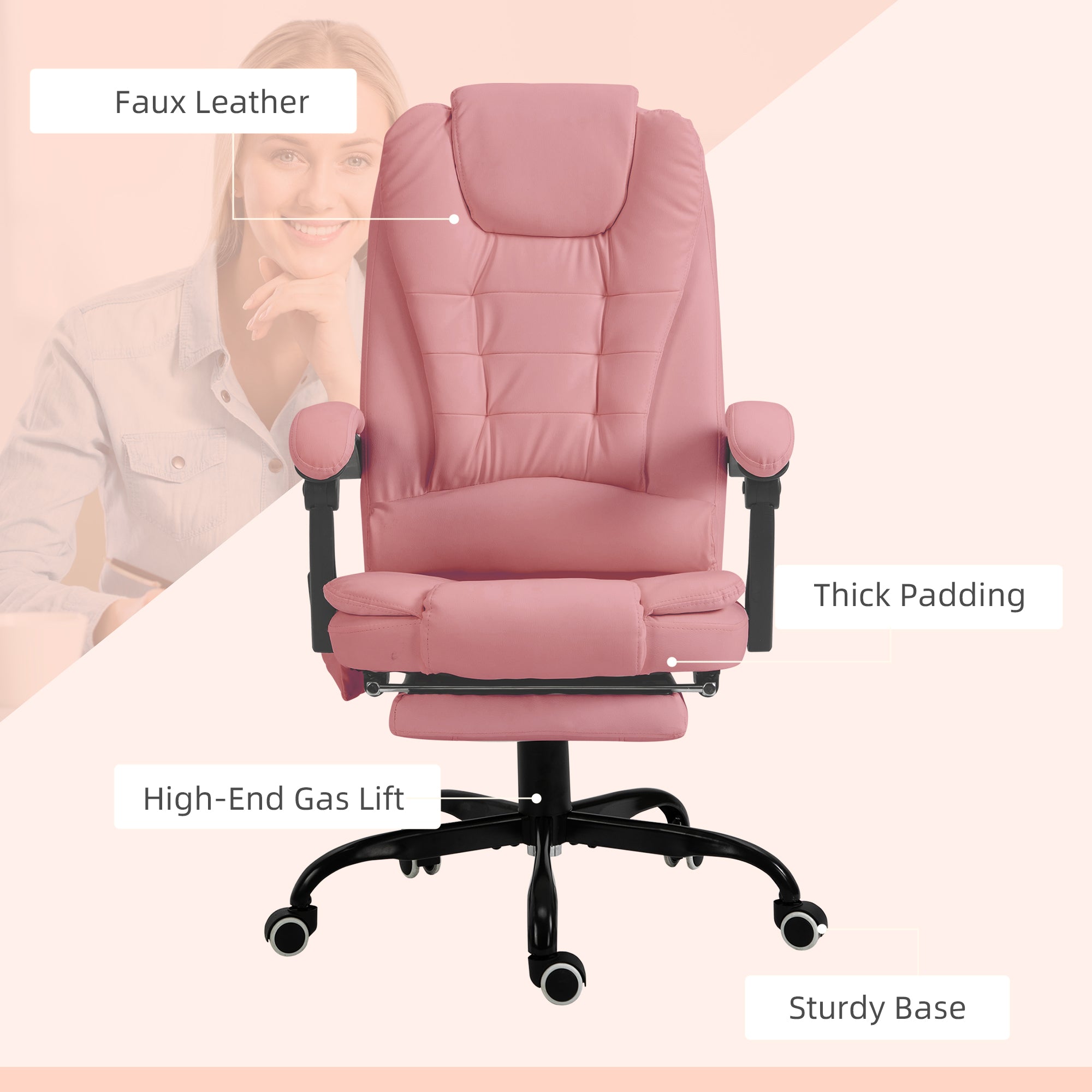 7 - Point Vibrating Massage Office Chair High Back Massaging Office Desk Chair with Lumbar Support, Footrest, Pink - Noventis Home