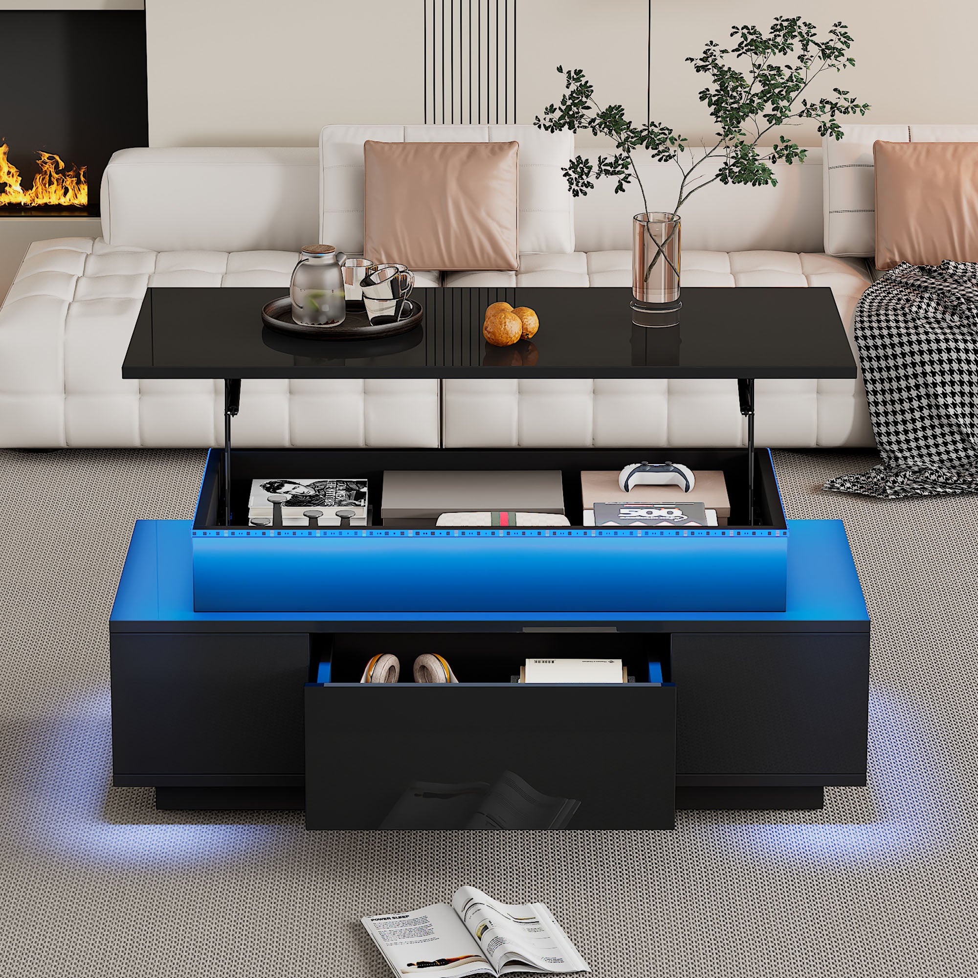 Lift - Top Coffee Table, Highgloss Centre Table With 1 Drawers & LED Lights, Hidden Storage Space, Lifting Sofa Side Table, Space - saving End Table,Tea Table,for Livingroom, Office, 96x45x40m, Black - Noventis Home
