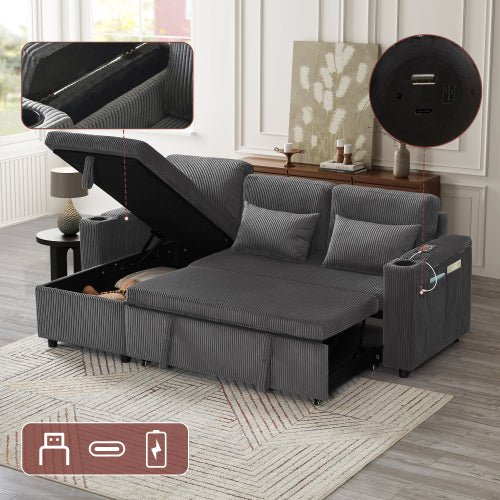 3 In 1 Convertible Corduroy Sofa Bed With Storage Chaise, L Shaped Sleeper Sofa Couches With Armrest Storage And Charging Station. Pullout Sectional Daybed For Living RoomBedroomOffice, Grey - Noventis Home