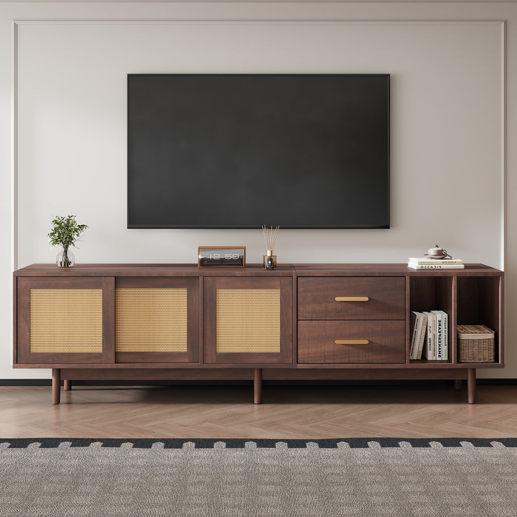 TV Stand Cabient With 2 Drawers, Sliding Doors With Rattan Design, TV Cabinet Sideboard, TV Entertainment Center For Livingroom Bedroom, TV Console, 190x40x52cm, Dark Wood, For Up To 80 Inch TV - Noventis Home