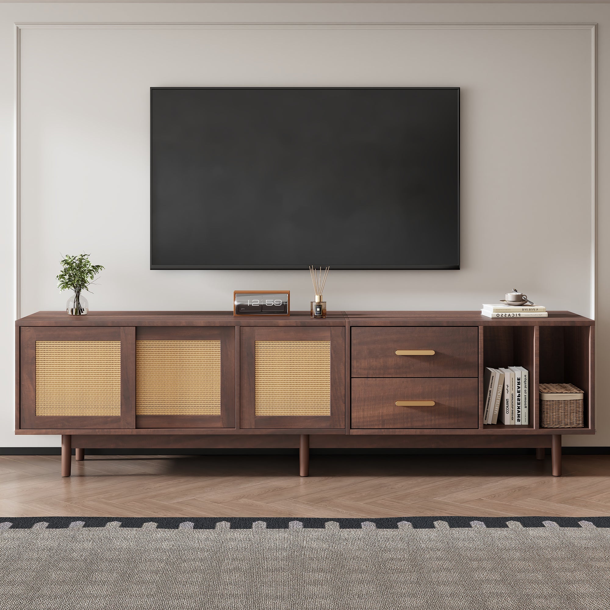 TV Stand Cabient With 2 Drawers, Sliding Doors With Rattan Design, TV Cabinet Sideboard, TV Entertainment Center For Livingroom Bedroom, TV Console, 190x40x52cm, Dark Wood, For Up To 80 Inch TV - Noventis Home