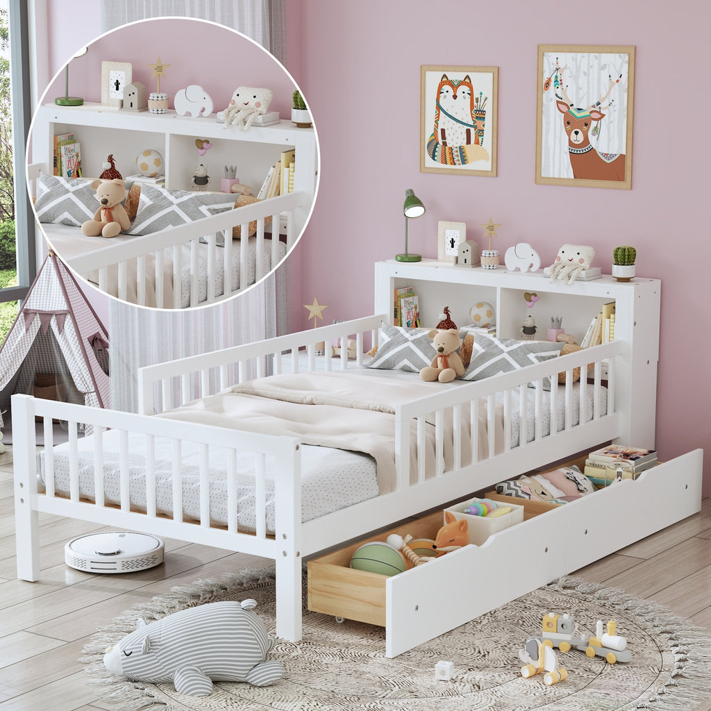 Twin Size Bed With Headboard Storage Rack, Two Under - Bed Drawers, Three - Side Guardrails For Safety And Security,White - Noventis Home