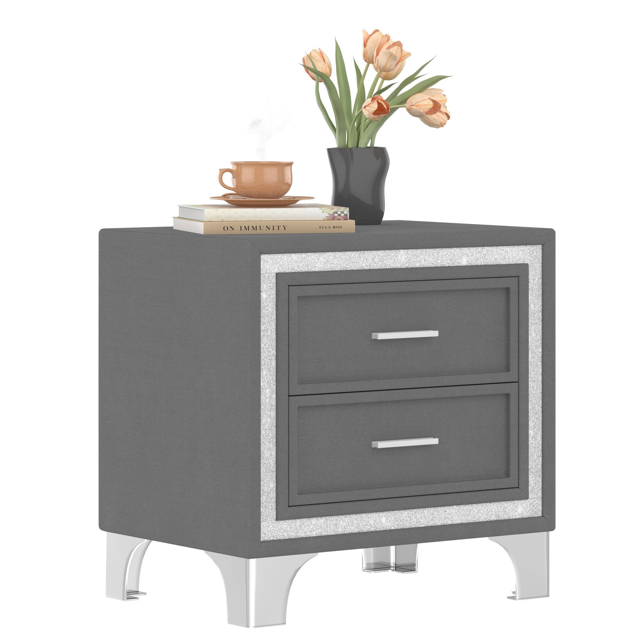 Mid Century Vintage Nightstand With Silver Glitter Strip Decor And Metal Legs, Velvet Bedside Table With 2 Drawers, Fully Assembled Except Legs And Handles, Gray - Noventis Home