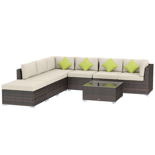 8 Piece Rattan Corner Sofa Set With Wide & Deep Seat, Assembled Aluminium PE Rattan Garden Furniture Set With Thick Cushions And Glass Top Table For Outdoor, Conservatory, Mixed Brown - Noventis Home