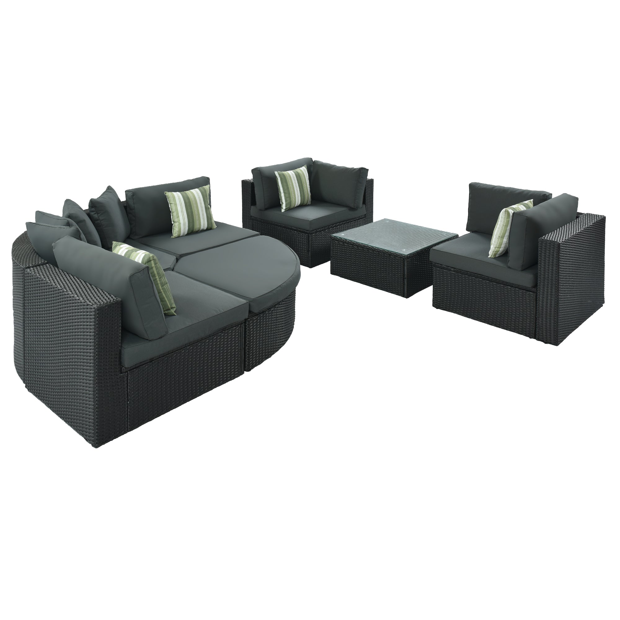 7 - delige Buiten Rattan Loungeset, Rotan Loungebank met Gestreepte Groene Kussens, Gesprekssbank voor Terras, Tuin en Dek, Zwart Vlechtwerk, Grijs Kussen - Noventis Home