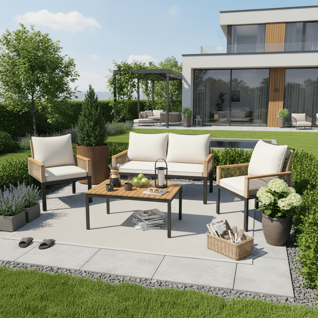 Tuinloungeset, Tuinmeubelset met Kussens, Dubbele Bank, 2 Fauteuils en Tafel, Buiten, Rattan, Beige - Noventis Home
