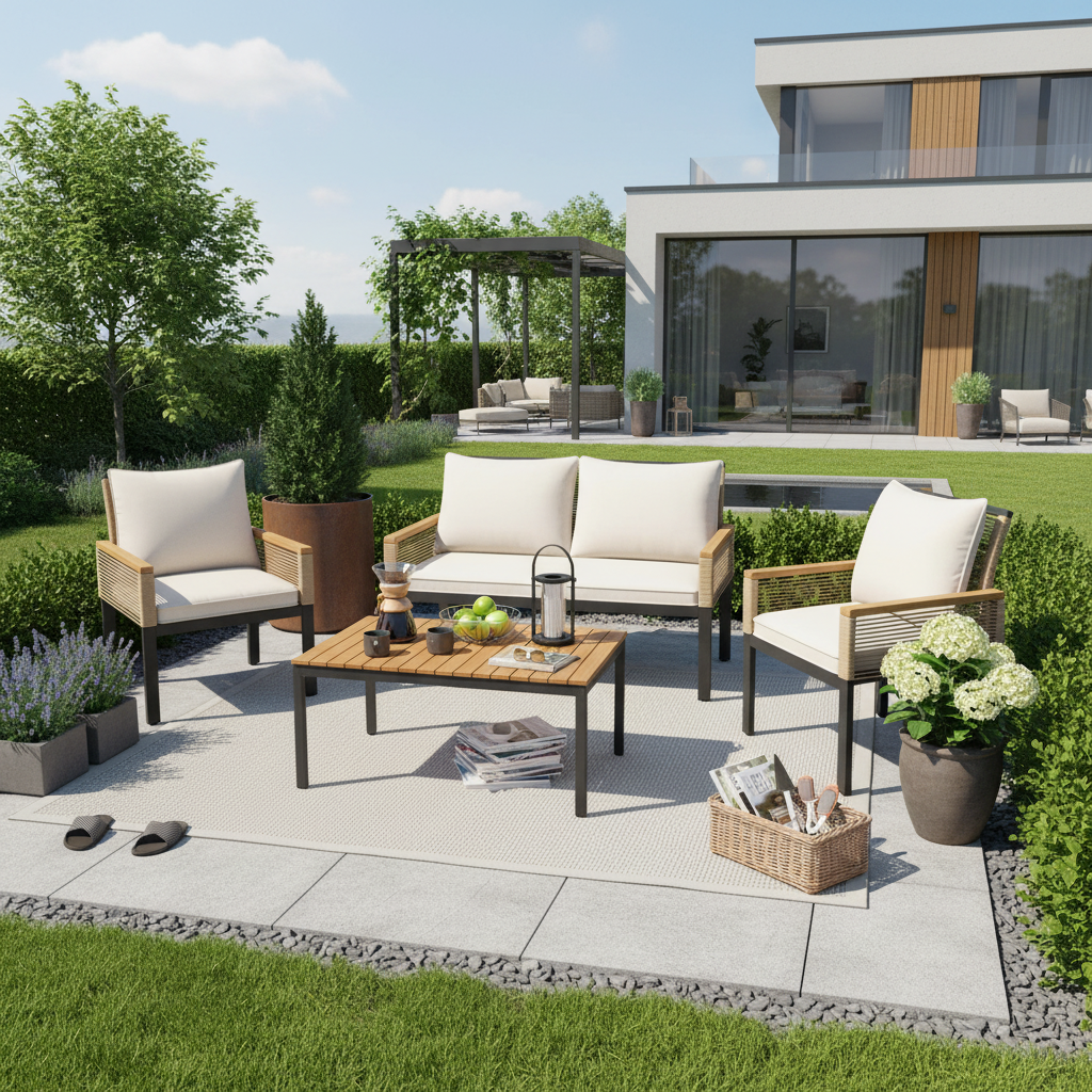 Tuinloungeset, Tuinmeubelset met Kussens, Dubbele Bank, 2 Fauteuils en Tafel, Buiten, Rattan, Beige